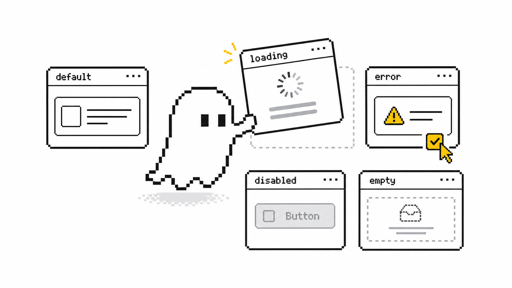 The GhostPixel pixel ghost organizing component story tiles in a grid — each tile showing a different component state
